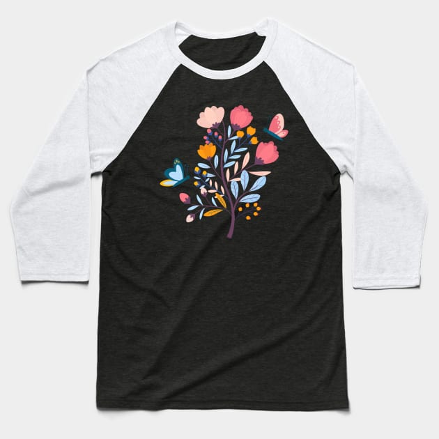 Floral Branch Butterfly Baseball T-Shirt by Mako Design 